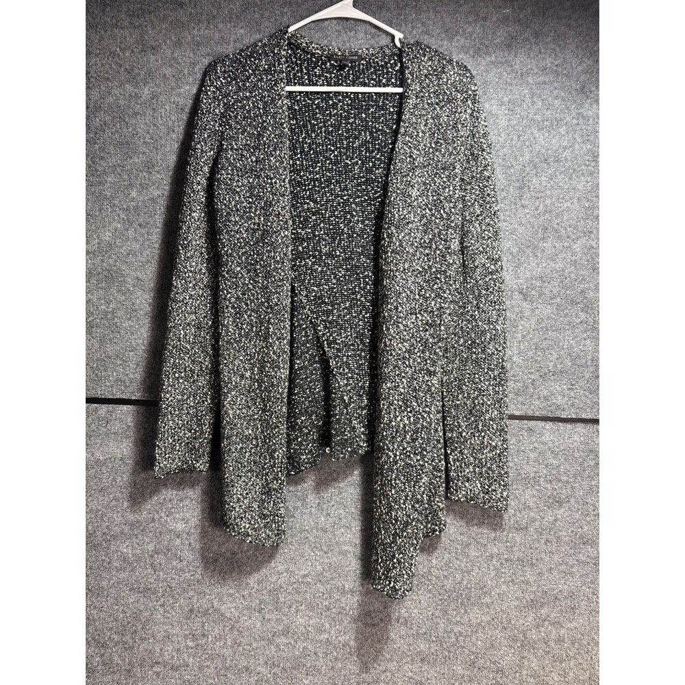 Eileen Fisher Open Front Cardigan Sweater Womens Small Black White Marled Knit